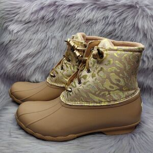NEW Sperry Duck Boots Women Sz 9.5 Top-Sider Saltwater Leojac Rose Pink Animal